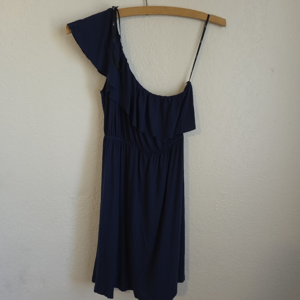 XX1 One Shoulder Mini Dress Size SP Navy Blue Ruffle Elastic Waist Classic